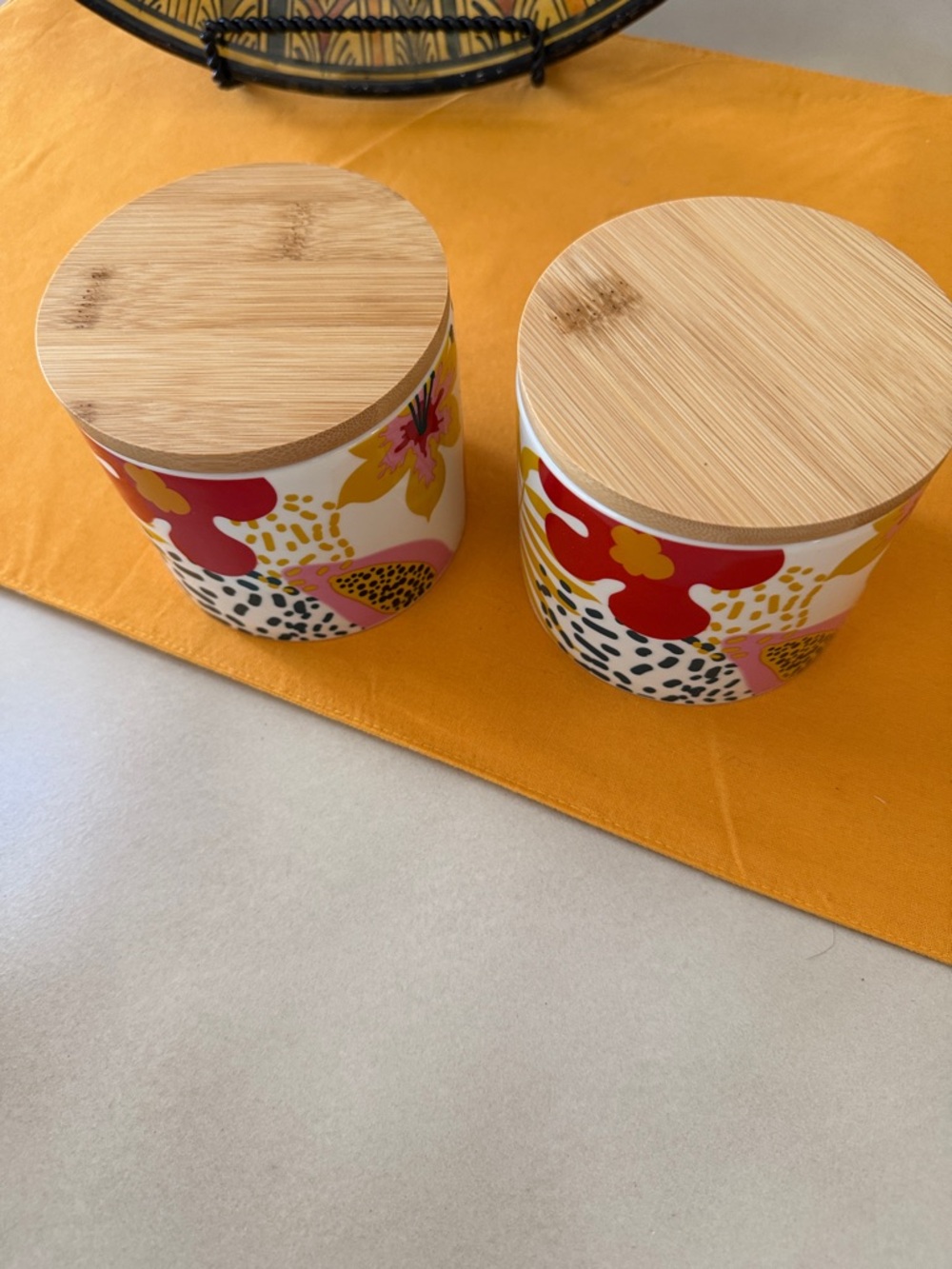 Ceramic Storage Jar with Bamboo Lid - Yellow & Red Leaf Design - Picture 12 of 13